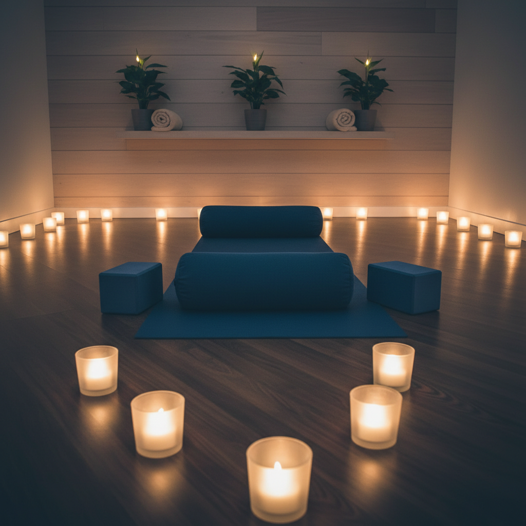 A dimmed yoga studio prepared for a relaxing evening session, with a single deep blue mat placed in the center of the room, flanked by a bolster and two blocks in matching tones. Around the perimeter, small battery-powered candles in frosted holders emit a soft, warm glow, their reflections faintly visible on the polished wooden floor. The back wall features a simple shelf with a few tastefully arranged plants and rolled blankets. Captured in photographic realism from a low, slightly angled perspective, the scene is bathed in gentle, ambient light, creating a serene, cocoon-like mood that conveys rest, recovery, and calm energy.